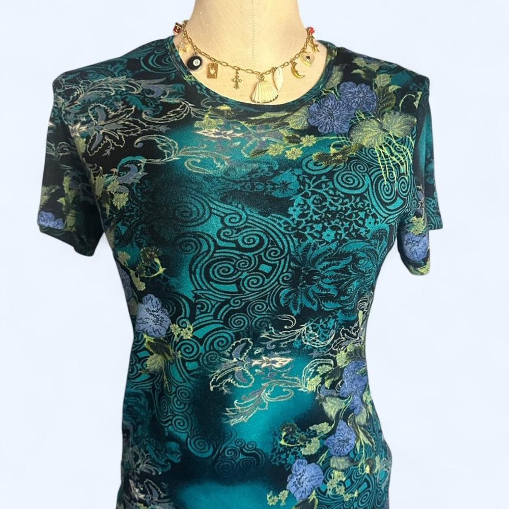 Y2K Black & Teal Floral Top Woman’s M/L